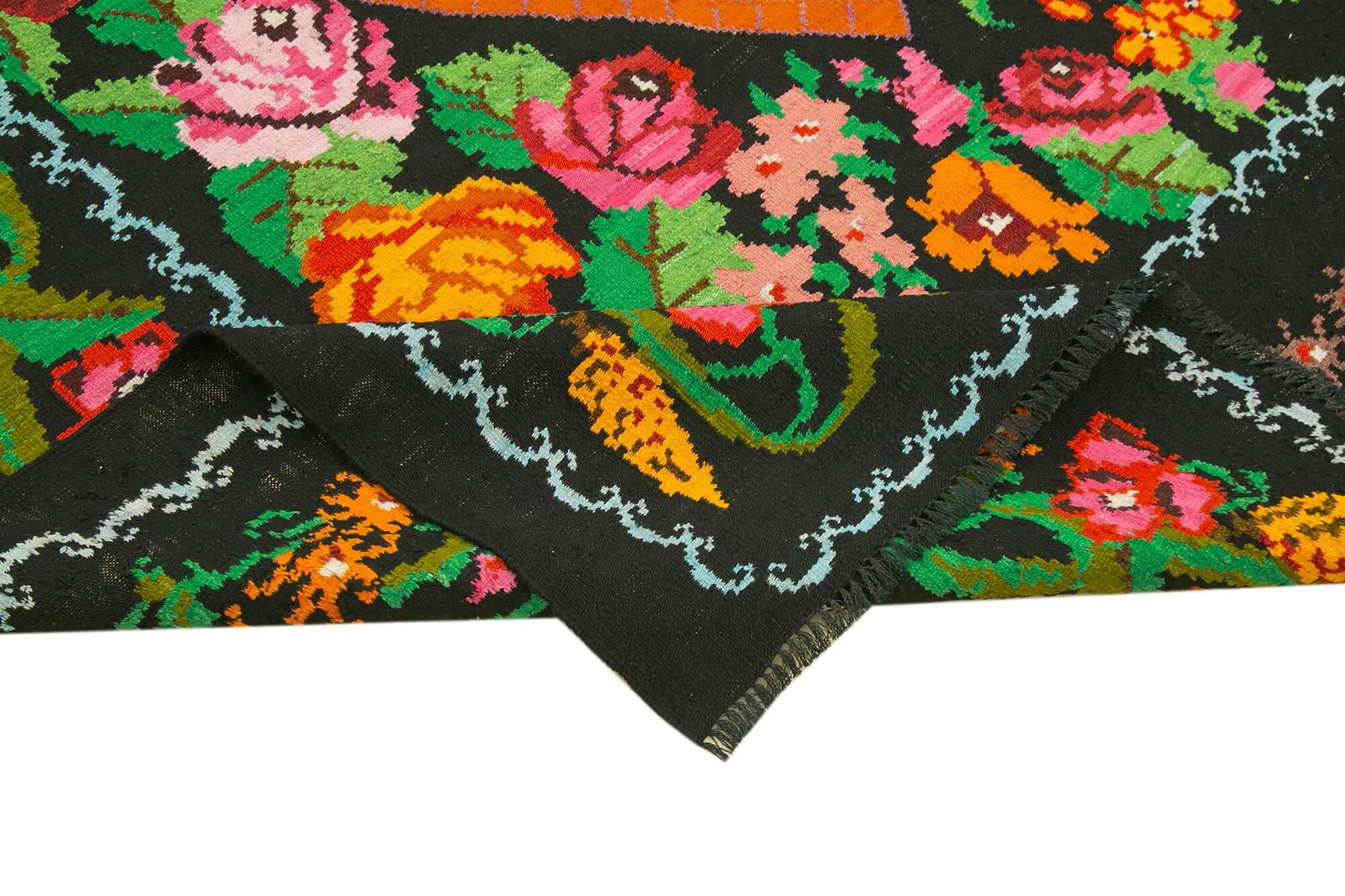 Moldovian Floral Siyah Çiçekli Pamuk Yün Keçi Tüyü El Dokuma Halısı 192x310 Agacan