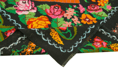 Moldovian Floral Siyah Çiçekli Pamuk Yün Keçi Tüyü El Dokuma Halısı 192x310 Agacan