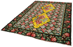 Moldovian Floral Siyah Çiçekli Pamuk Yün Keçi Tüyü El Dokuma Halısı 208x282 Agacan