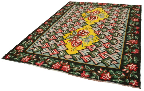 Moldovian Floral Siyah Çiçekli Pamuk Yün Keçi Tüyü El Dokuma Halısı 208x282 Agacan