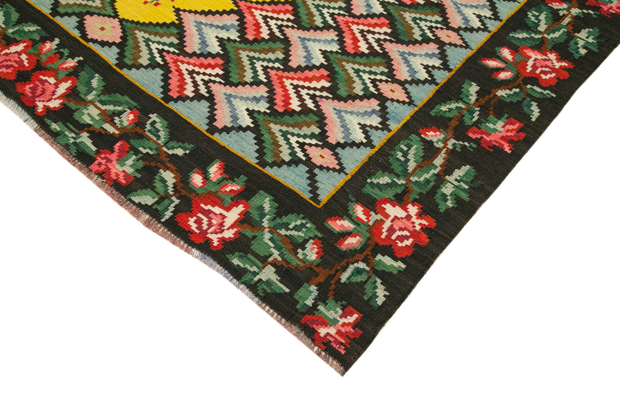 Moldovian Floral Siyah Çiçekli Pamuk Yün Keçi Tüyü El Dokuma Halısı 208x282 Agacan