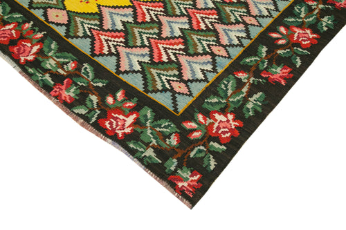 Moldovian Floral Siyah Çiçekli Pamuk Yün Keçi Tüyü El Dokuma Halısı 208x282 Agacan