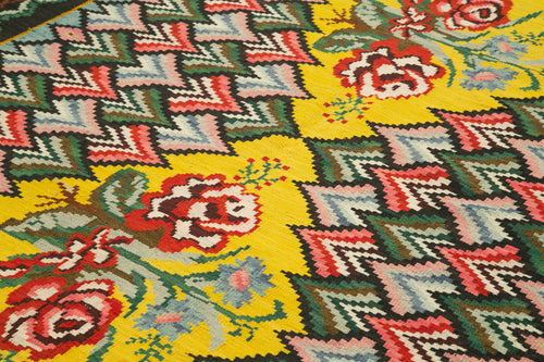 Moldovian Floral Siyah Çiçekli Pamuk Yün Keçi Tüyü El Dokuma Halısı 208x282 Agacan