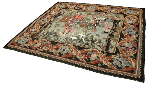 Moldovian Floral Siyah Çiçekli Pamuk Yün Keçi Tüyü El Dokuma Halısı 196x214 Agacan