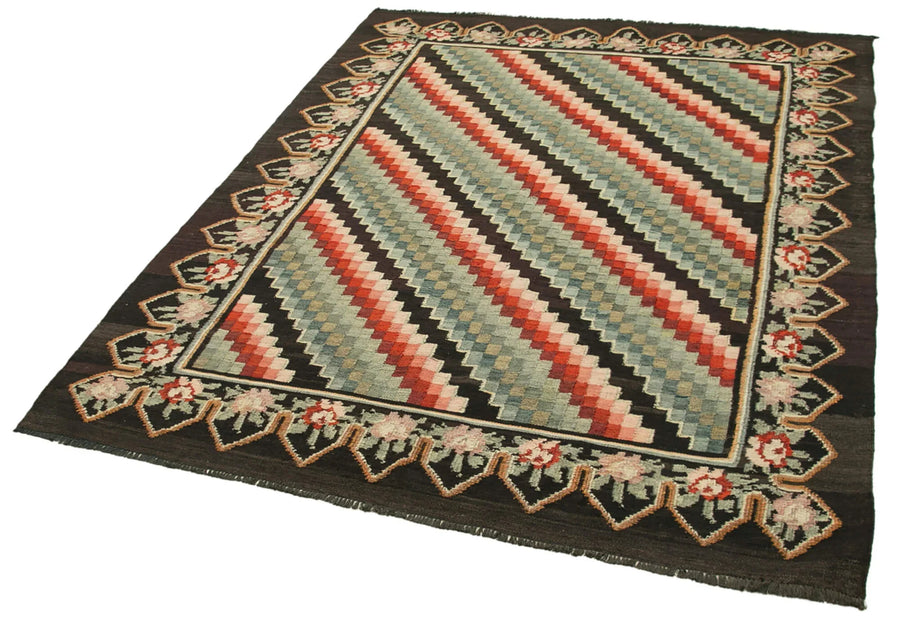 Moldovian Floral Kahverengi Çiçekli Pamuk Yün Keçi Tüyü El Dokuma Halısı 163x216 Agacan