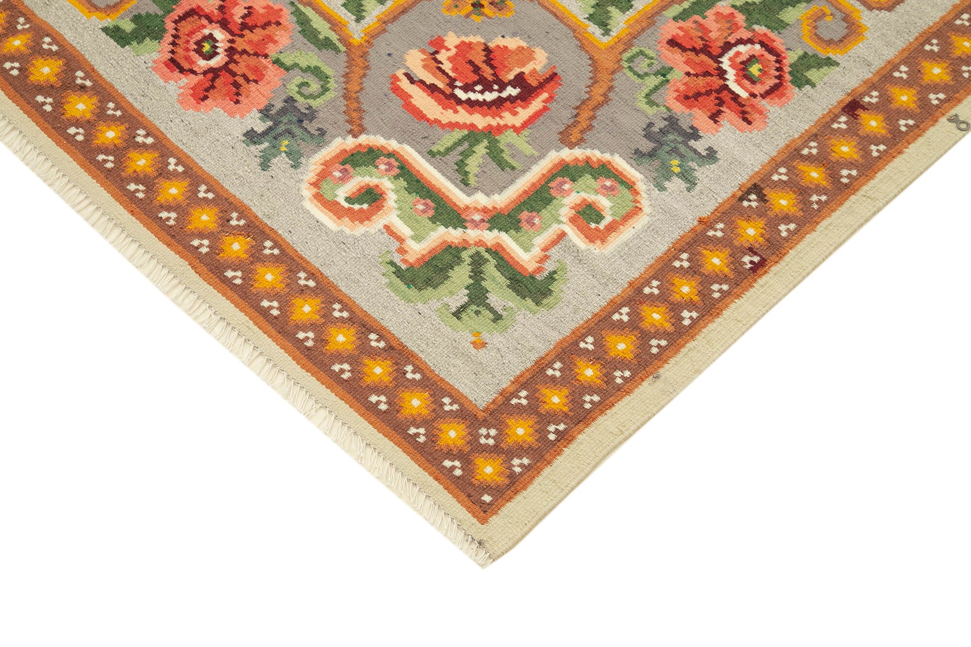 Moldovian Floral Bej Çiçekli Pamuk Yün Keçi Tüyü El Dokuma Halısı 158x228 Agacan