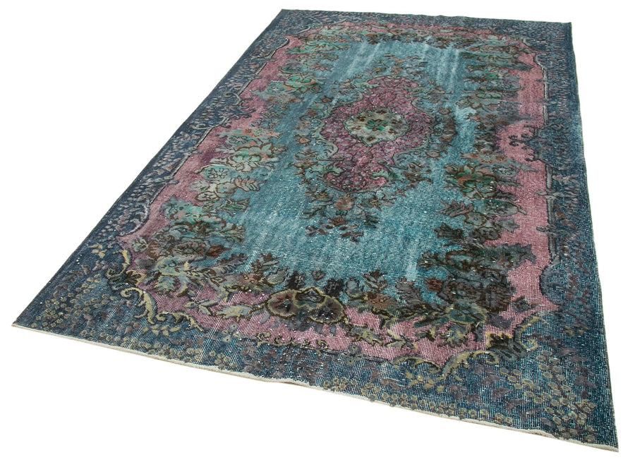 Oyma Vintage Mavi Eskitme Pamuk Yün El Dokuma Halısı 170x272 Agacan