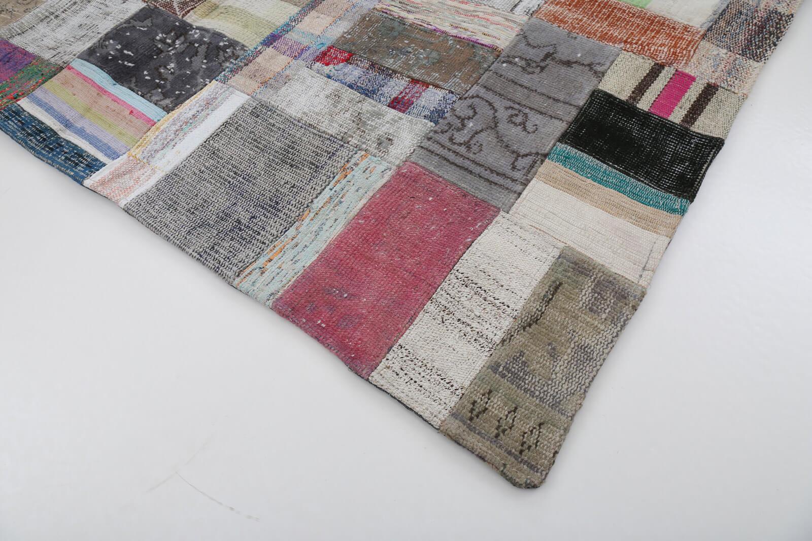 Kırk Yama Gri Patchwork Pamuk Yün El Dokuma Halısı 169x241 Agacan