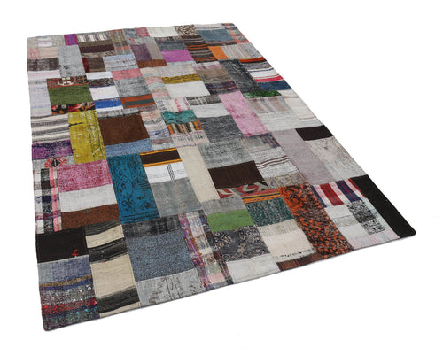 Kırk Yama Gri Patchwork Pamuk Yün El Dokuma Halısı 171x241 Agacan