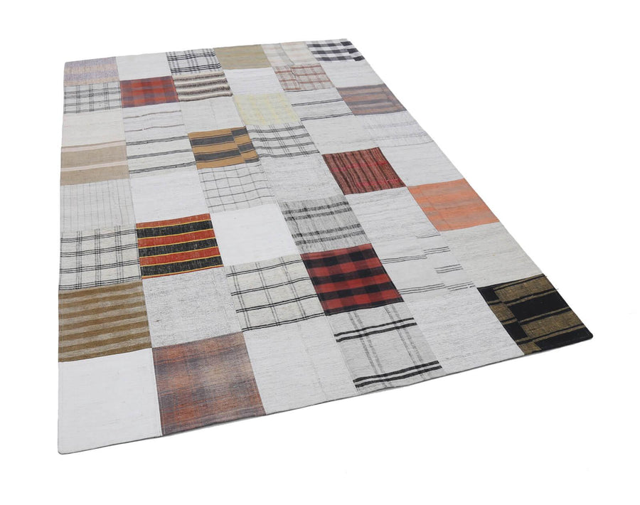 Kırk Yama Bej Patchwork Pamuk Yün El Dokuma Halısı 174x242 Agacan