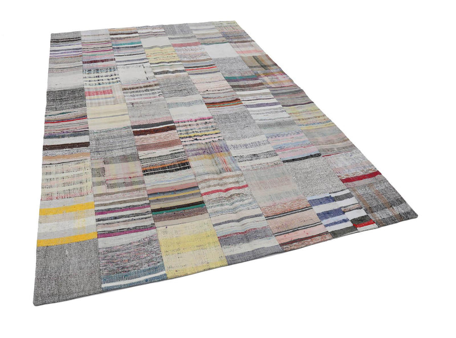Kırk Yama Bej Patchwork Pamuk Yün El Dokuma Halısı 202x299 Agacan