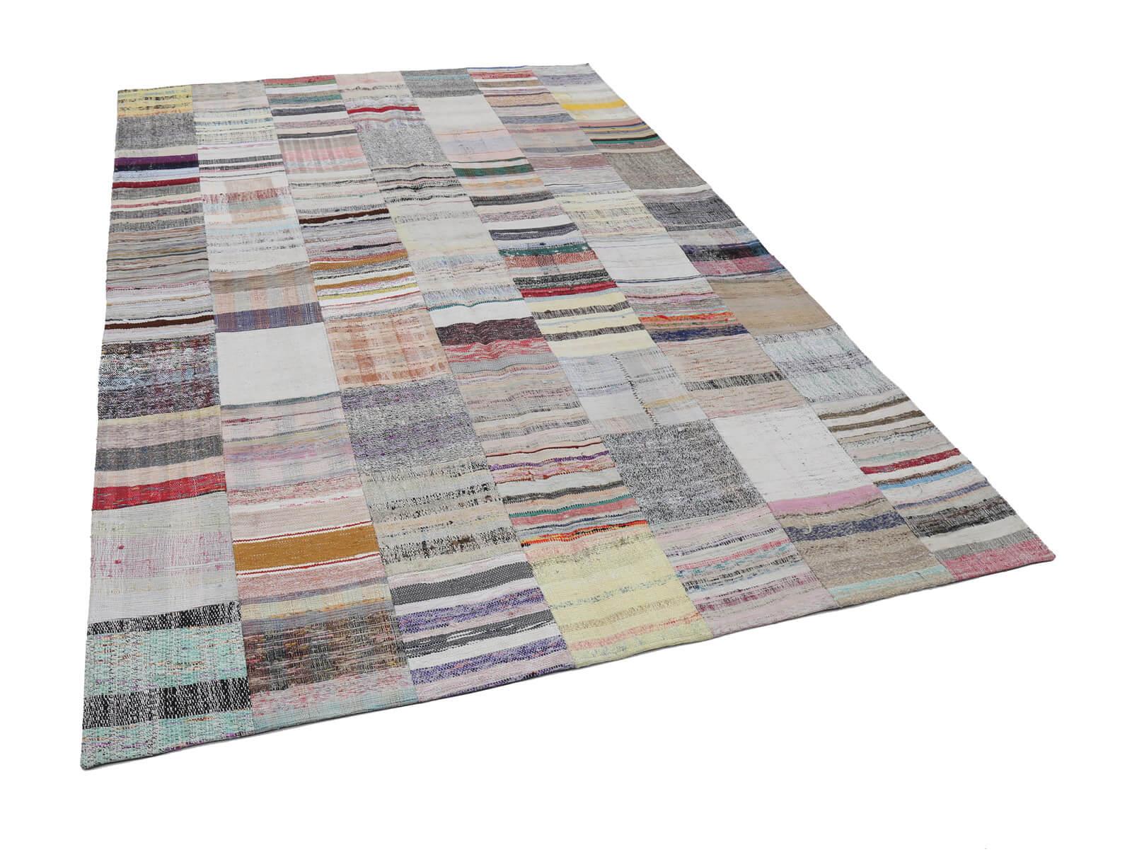 Kırk Yama Bej Patchwork Pamuk Yün El Dokuma Halısı 201x300 Agacan