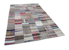 Kırk Yama Gri Patchwork Pamuk Yün El Dokuma Halısı 200x302 Agacan