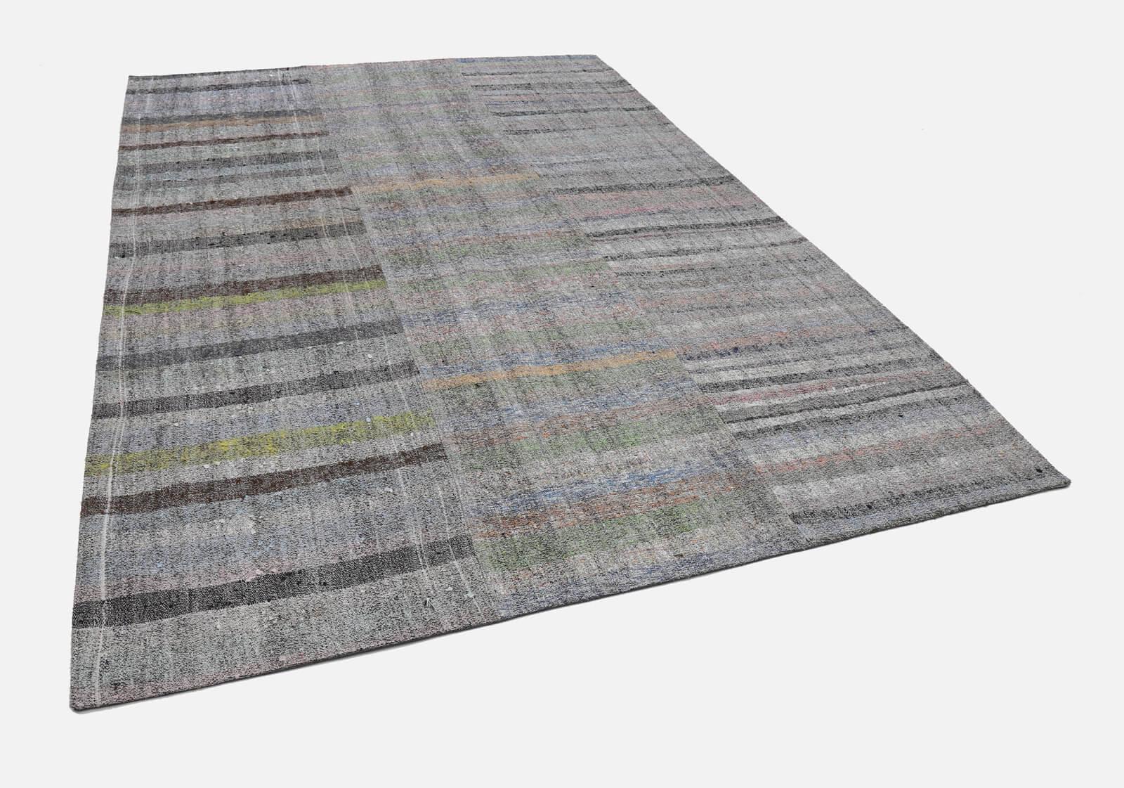 Kırk Yama Gri Patchwork Pamuk Yün El Dokuma Halısı 247x350 Agacan