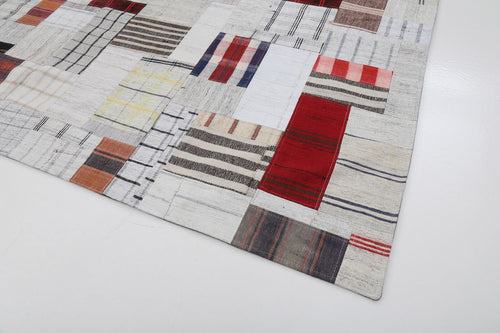 Kırk Yama Gri Patchwork Pamuk Yün El Dokuma Halısı 250x305 Agacan