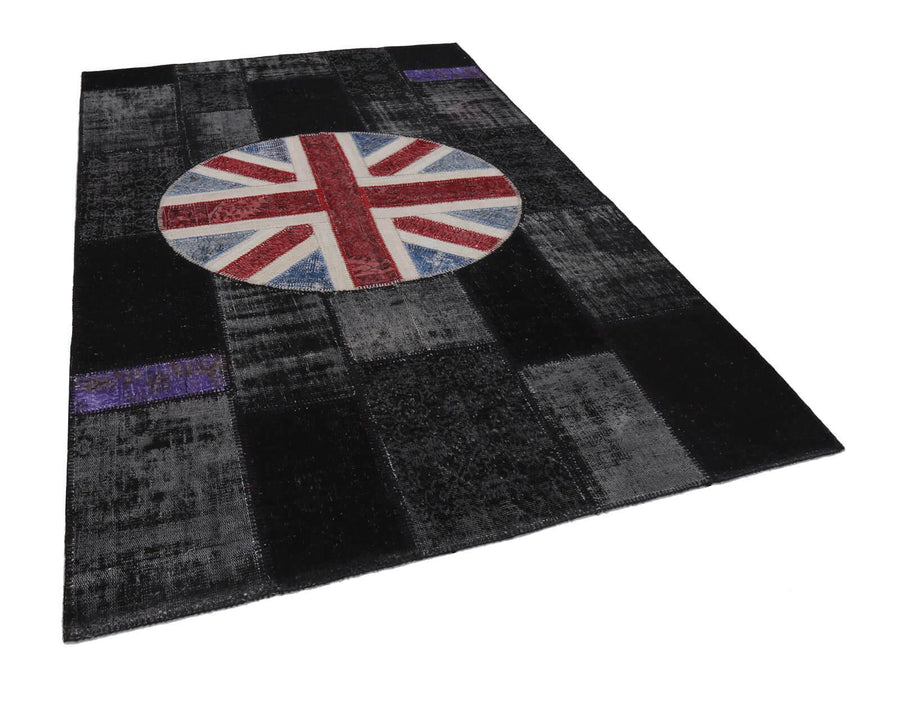 Flag Patchwork Siyah Figürlü Pamuk Yün El Dokuma Halısı 199x306 Agacan