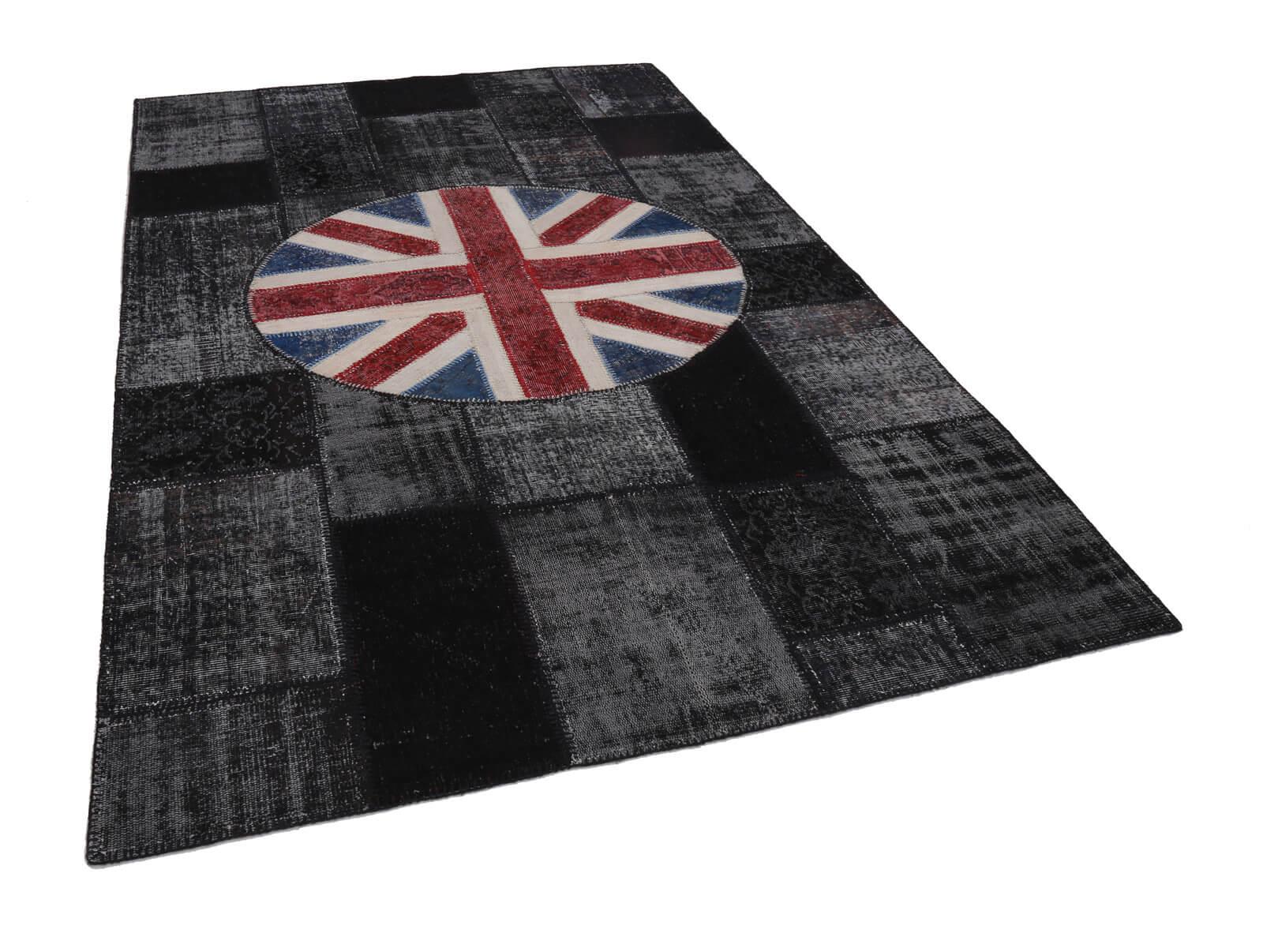 Flag Patchwork Siyah Figürlü Pamuk Yün El Dokuma Halısı 200x305 Agacan