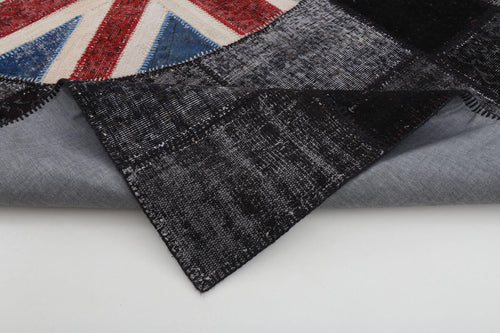 Flag Patchwork Siyah Figürlü Pamuk Yün El Dokuma Halısı 200x305 Agacan