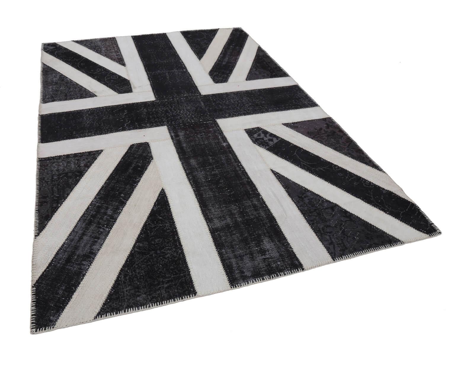 Flag Patchwork Siyah Figürlü Pamuk Yün El Dokuma Halısı 205x300 Agacan