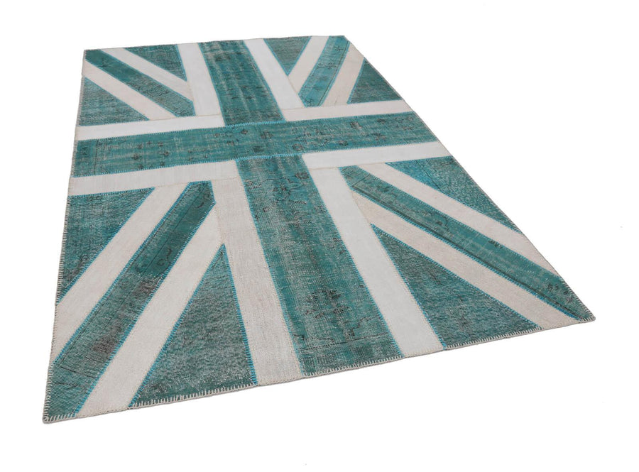Flag Patchwork Turkuaz Figürlü Pamuk Yün El Dokuma Halısı 204x304 Agacan