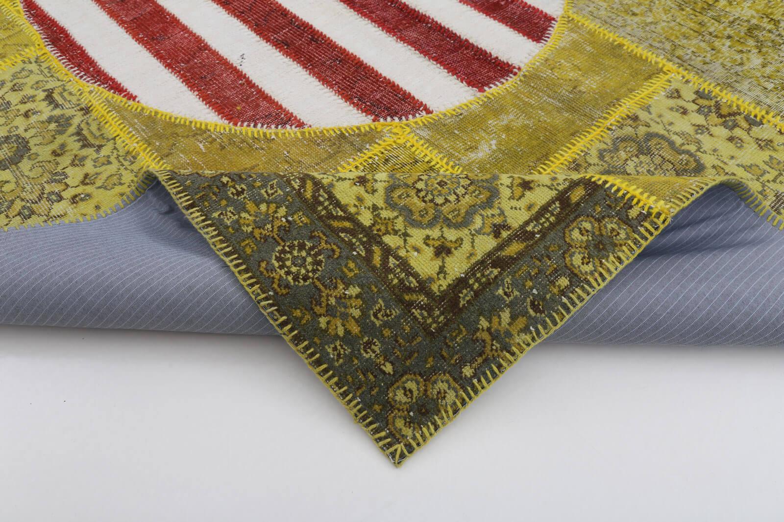 Flag Patchwork Sarı Figürlü Pamuk Yün El Dokuma Halısı 201x302 Agacan