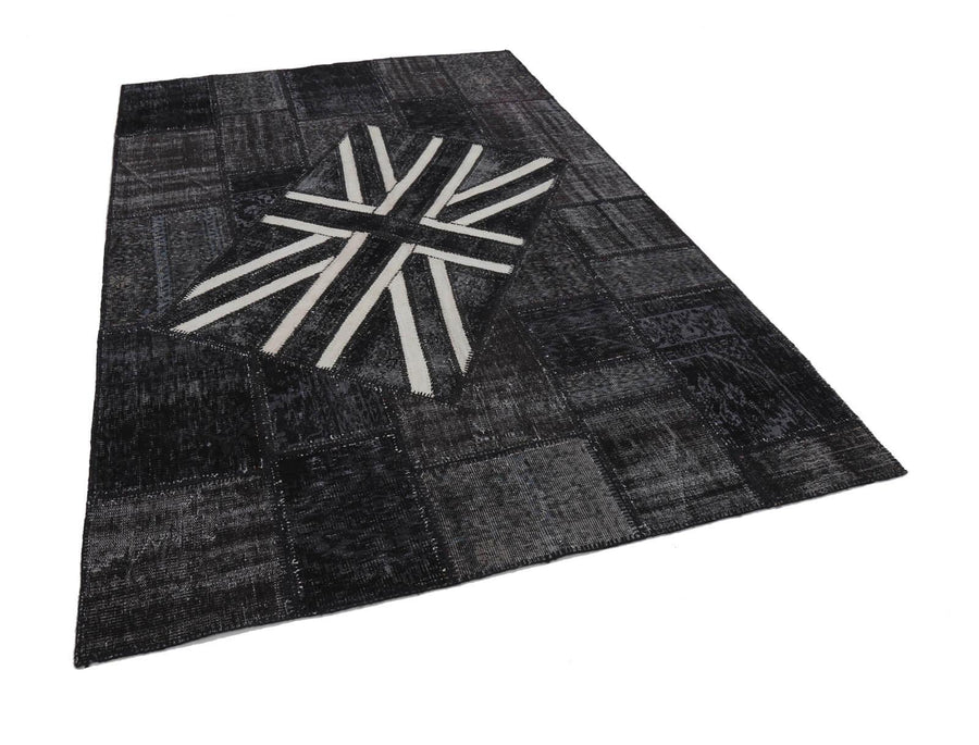 Flag Patchwork Siyah Figürlü Pamuk Yün El Dokuma Halısı 199x304 Agacan