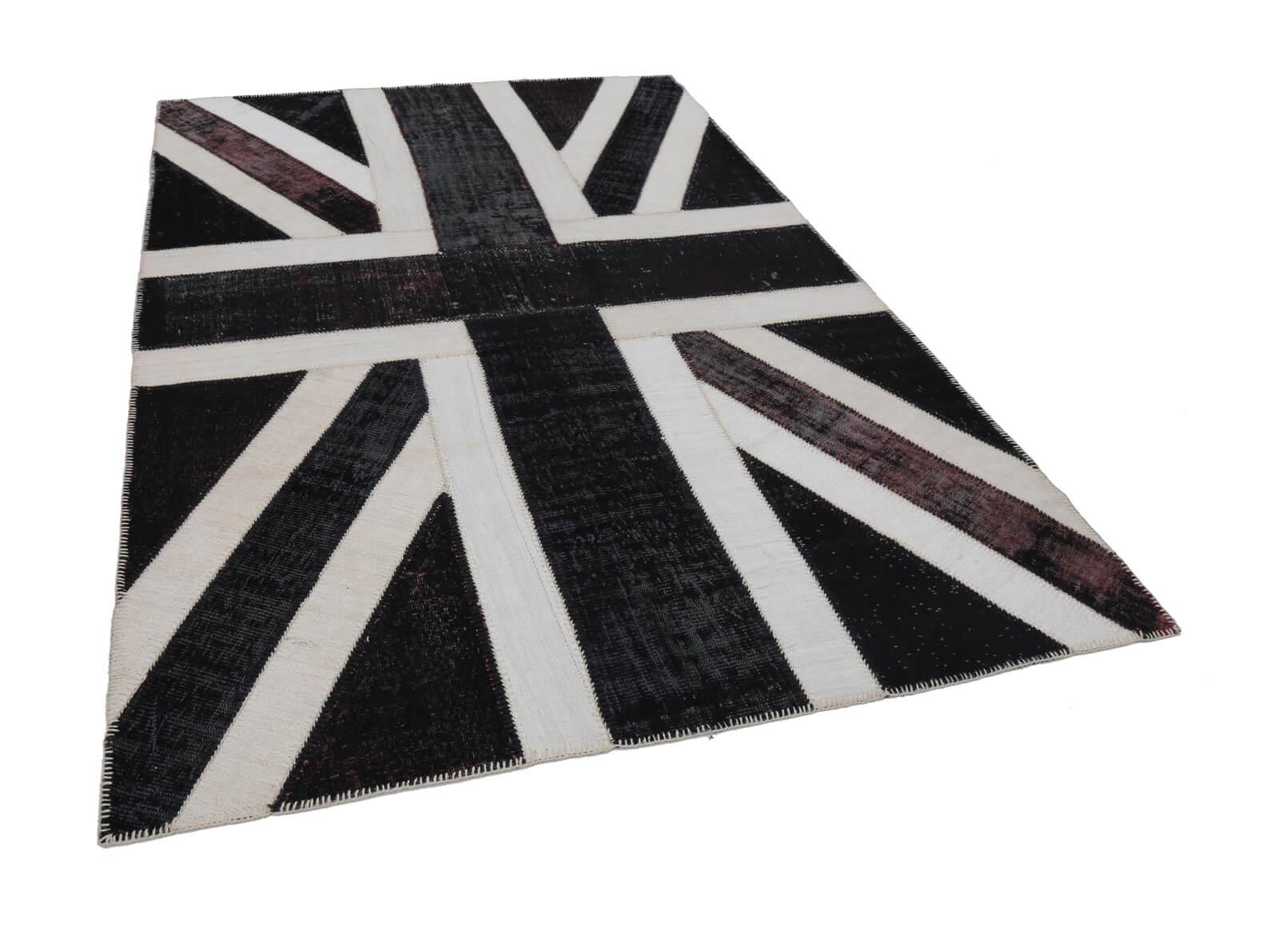 Flag Patchwork Siyah Figürlü Pamuk Yün El Dokuma Halısı 203x300 Agacan