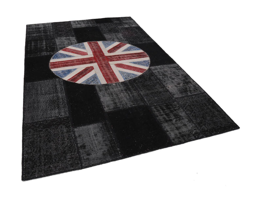 Flag Patchwork Siyah Figürlü Pamuk Yün El Dokuma Halısı 199x305 Agacan