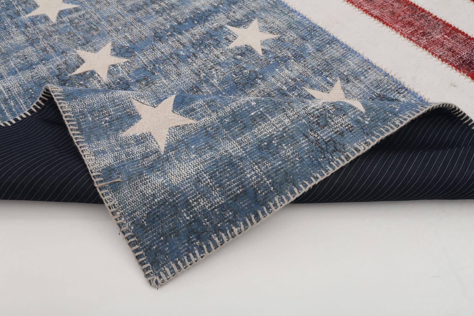 Flag Patchwork Mavi Figürlü Pamuk Yün El Dokuma Halısı 202x302 Agacan