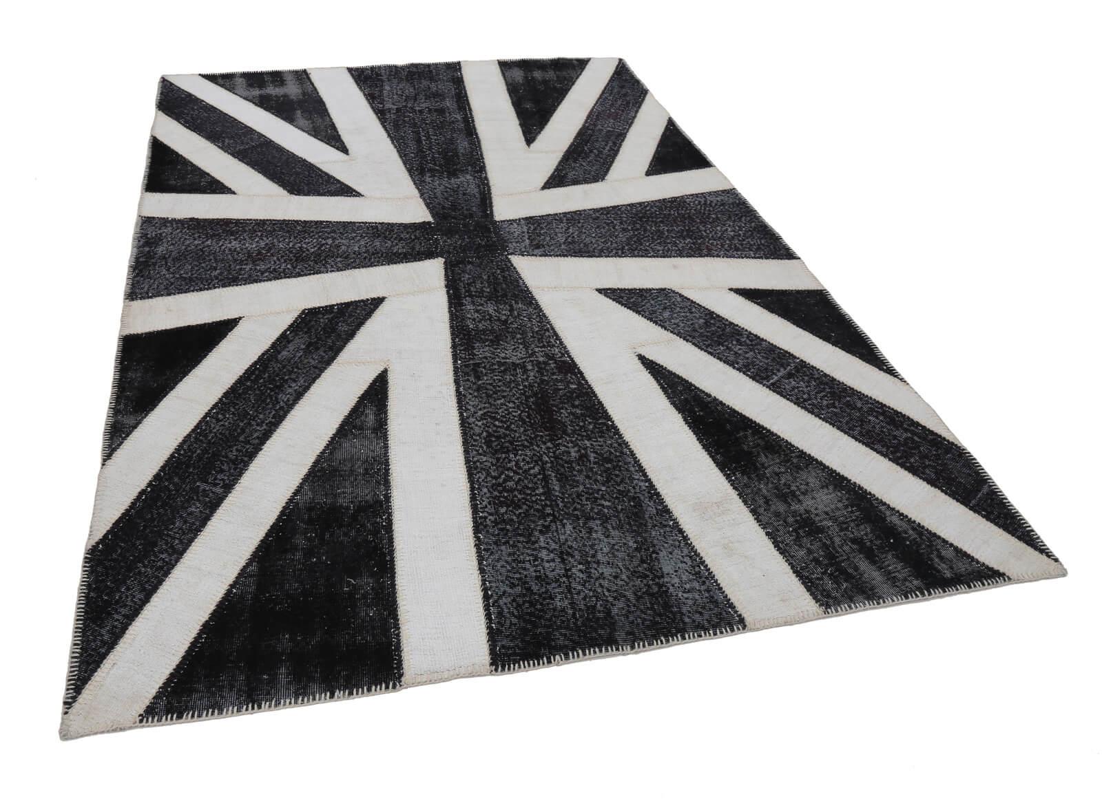 Flag Patchwork Siyah Figürlü Pamuk Yün El Dokuma Halısı 206x306 Agacan