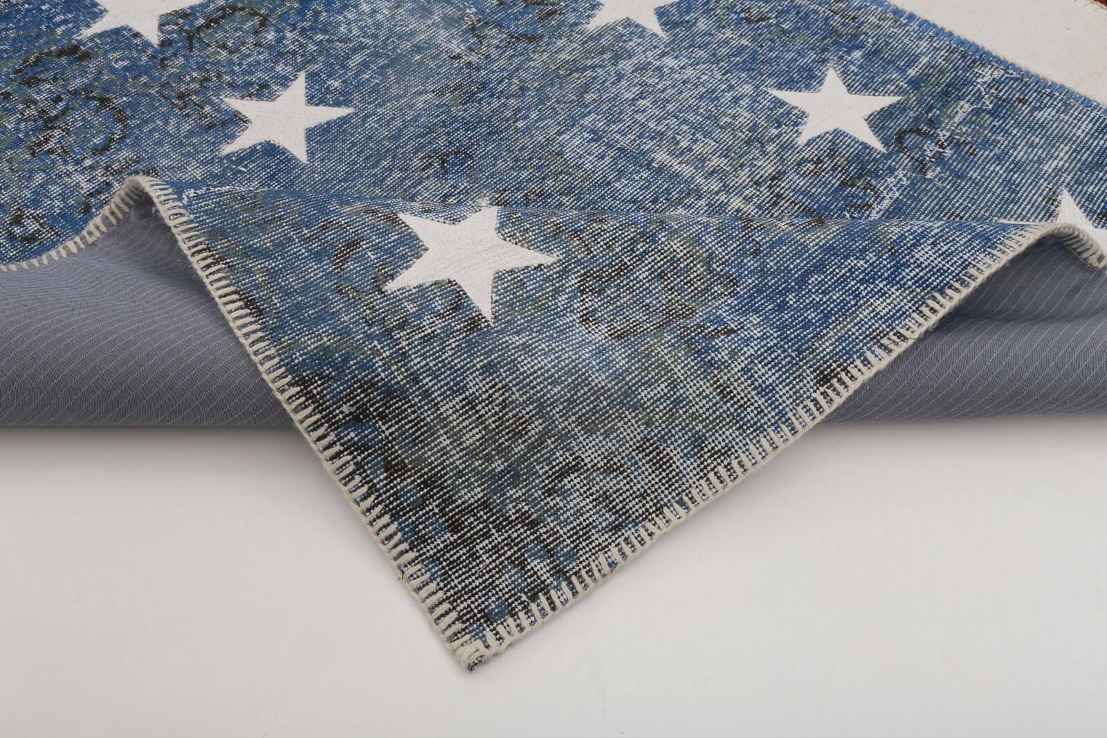 Flag Patchwork Mavi Figürlü Pamuk Yün El Dokuma Halısı 243x300 Agacan