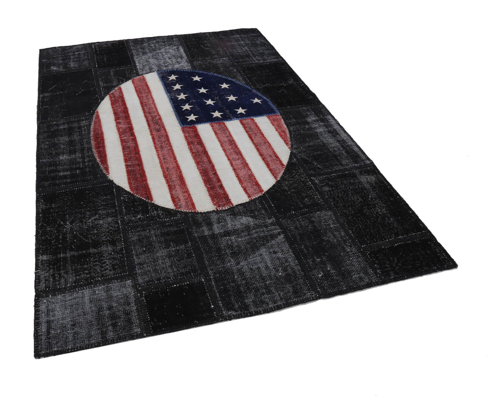 Flag Patchwork Siyah Figürlü Pamuk Yün El Dokuma Halısı 173x249 Agacan