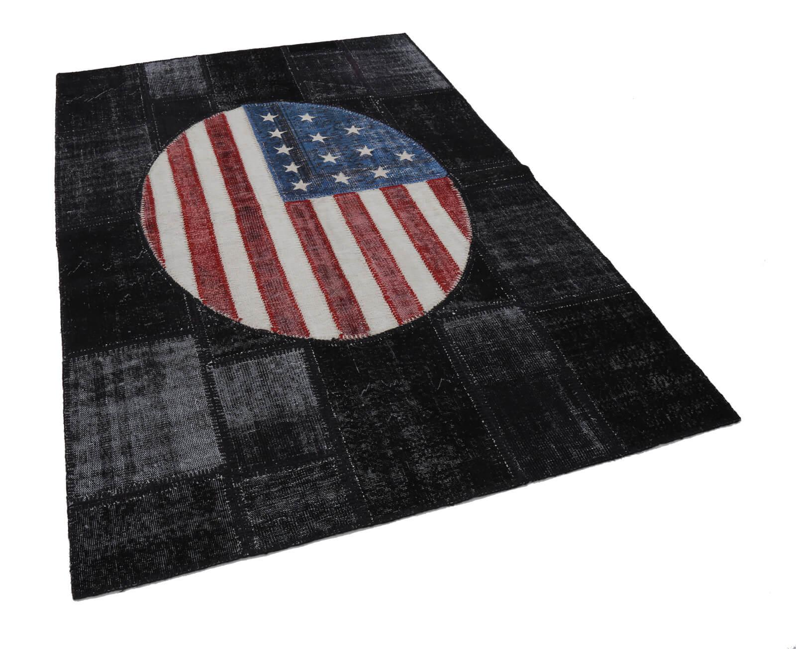 Flag Patchwork Siyah Figürlü Pamuk Yün El Dokuma Halısı 171x246 Agacan