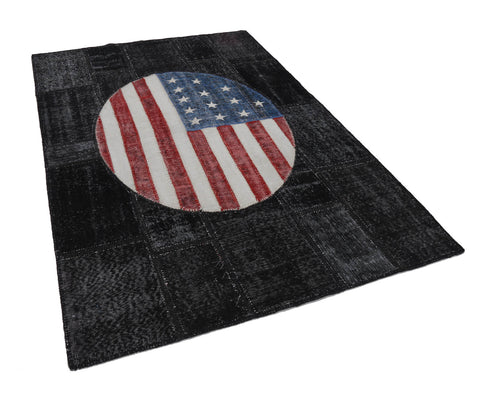 Flag Patchwork Siyah Figürlü Pamuk Yün El Dokuma Halısı 171x347 Agacan
