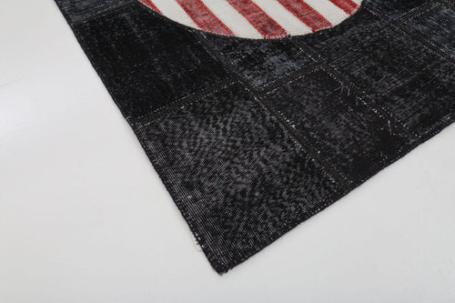 Flag Patchwork Siyah Figürlü Pamuk Yün El Dokuma Halısı 171x347 Agacan