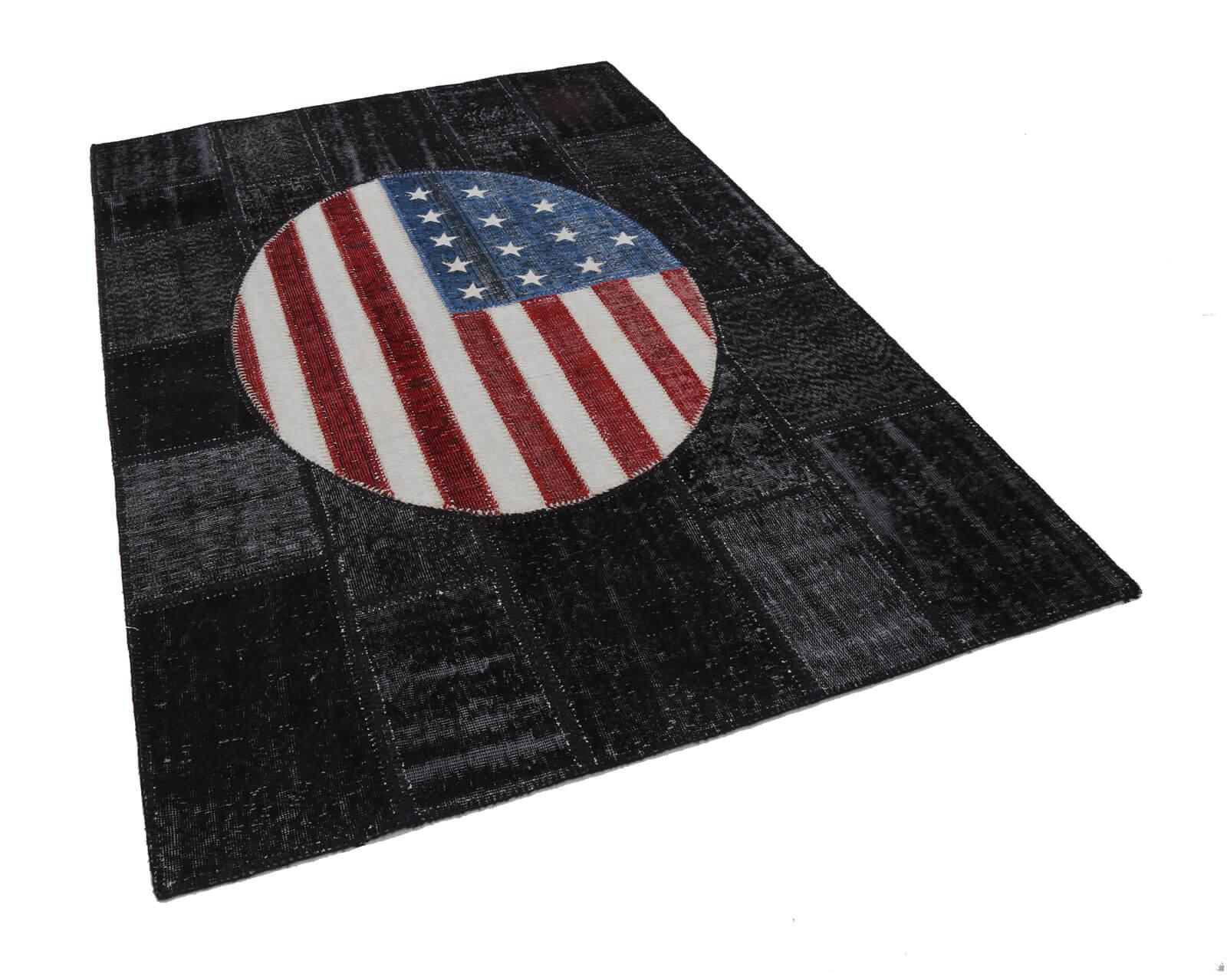 Flag Patchwork Siyah Figürlü Pamuk Yün El Dokuma Halısı 173x247 Agacan