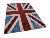 Blue Vintage Turkish Rug with Geometric Flag Design 172x242 cm (5'8" x 7'11")