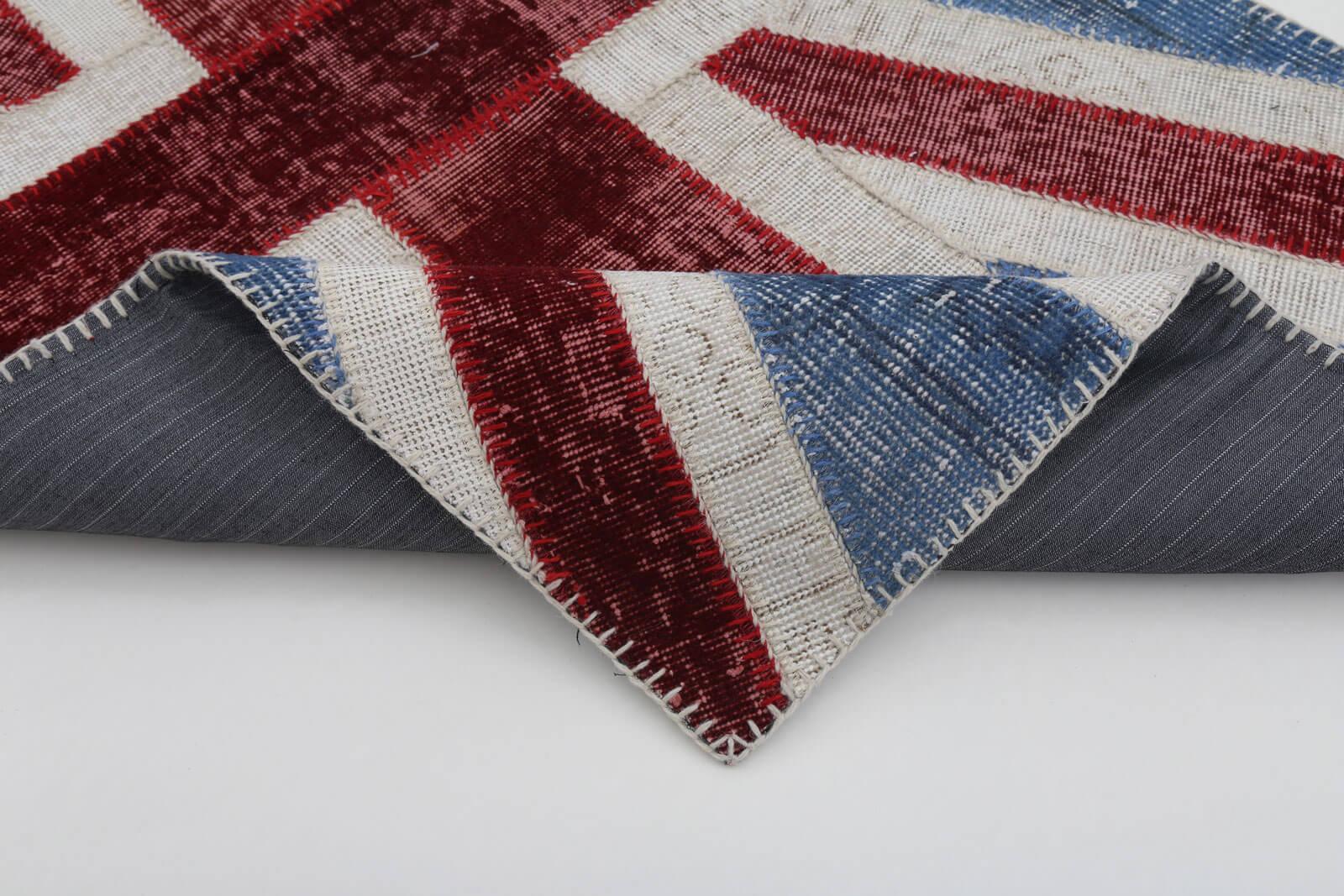 Flag Patchwork Mavi Figürlü Pamuk Yün El Dokuma Halısı 87x152 Agacan
