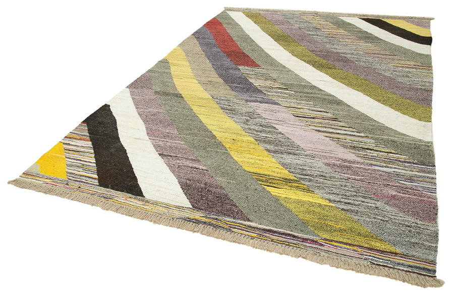 Scrap Yeşil Geometrik Pamuk Yün El Dokuma Halısı 210x317 Agacan