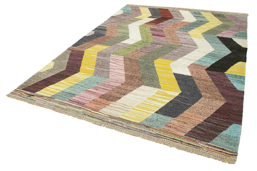 Scrap Mavi Geometrik Pamuk Yün El Dokuma Halısı 212x300 Agacan
