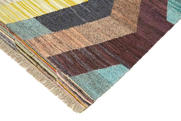 Scrap Mavi Geometrik Pamuk Yün El Dokuma Halısı 212x300 Agacan