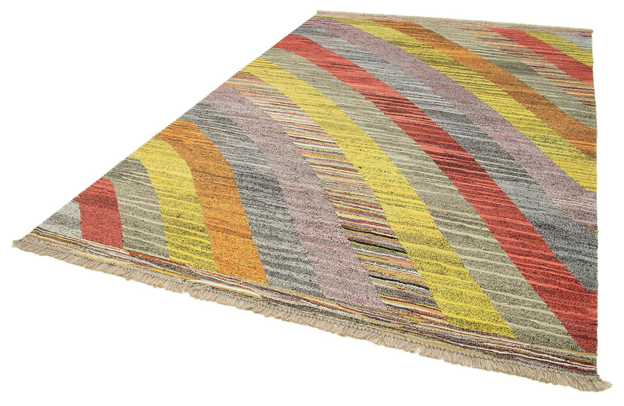 Scrap Sarı Geometrik Pamuk Yün El Dokuma Halısı 215x320 Agacan