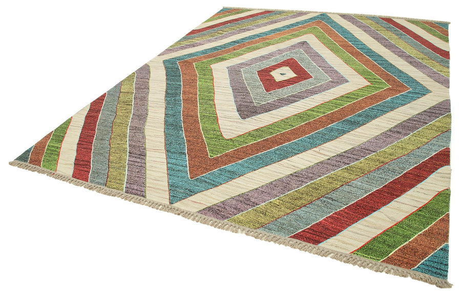 Scrap Beyaz Geometrik Pamuk Yün El Dokuma Halısı 251x315 Agacan
