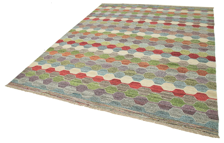 Scrap Fuşya Geometrik Pamuk Yün El Dokuma Halısı 247x303 Agacan