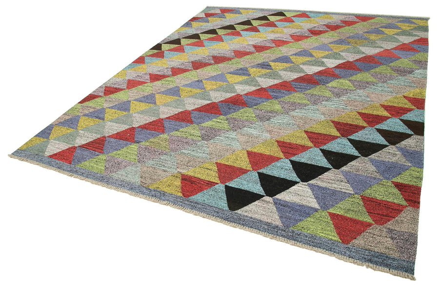 Scrap Mavi Geometrik Pamuk Yün El Dokuma Halısı 254x308 Agacan