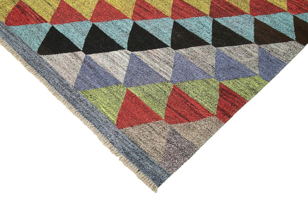 Scrap Mavi Geometrik Pamuk Yün El Dokuma Halısı 254x308 Agacan