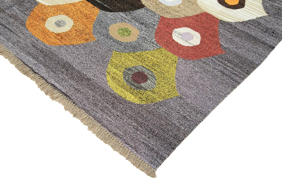 Grey & Multicolour Geometric Vintage Turkish Rug 248x320 cm (8'2" x 10'6") – in the living room