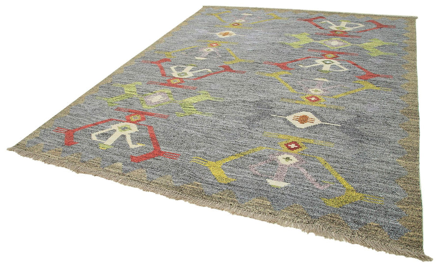 Scrap Gri Geometrik Pamuk Yün El Dokuma Halısı 247x312 Agacan