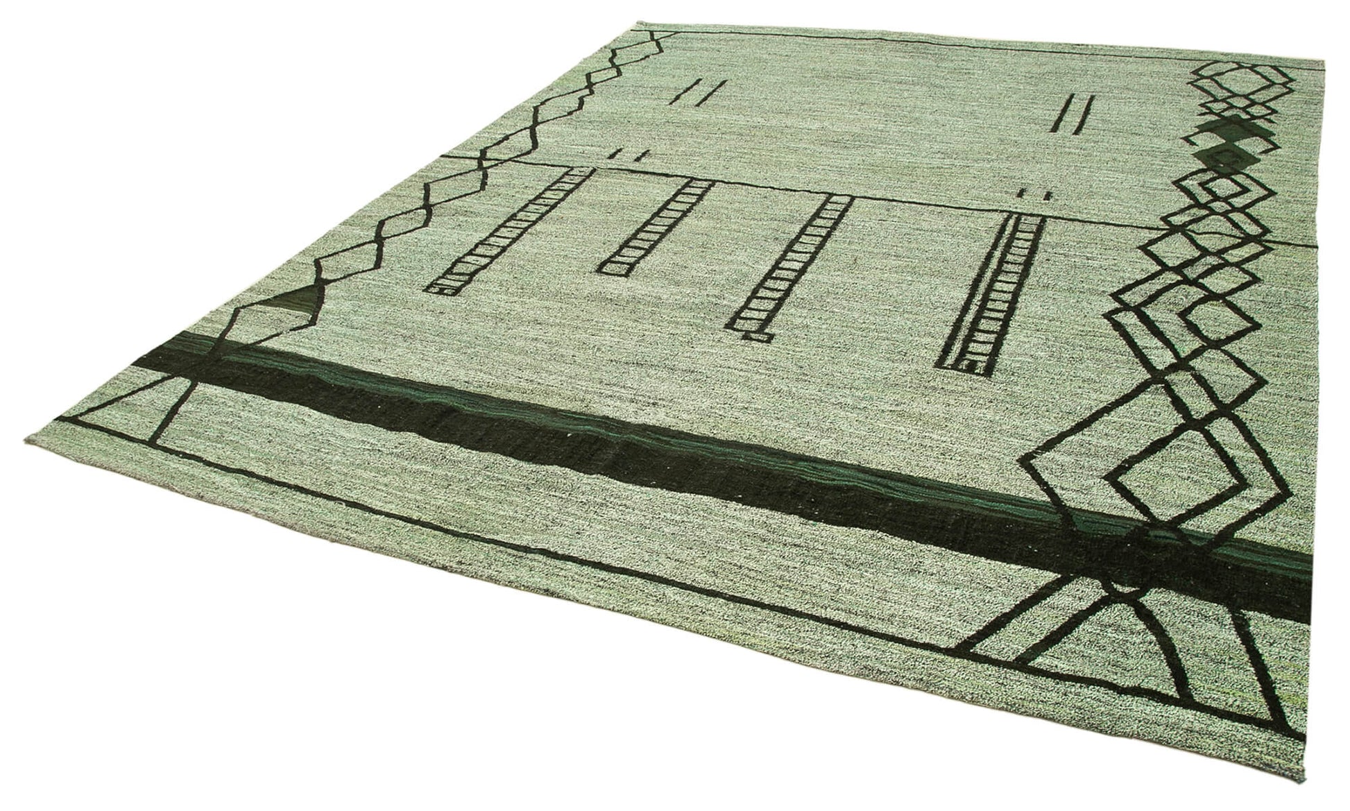 Scrap Yeşil Geometrik Pamuk Yün El Dokuma Halısı 255x330 Agacan