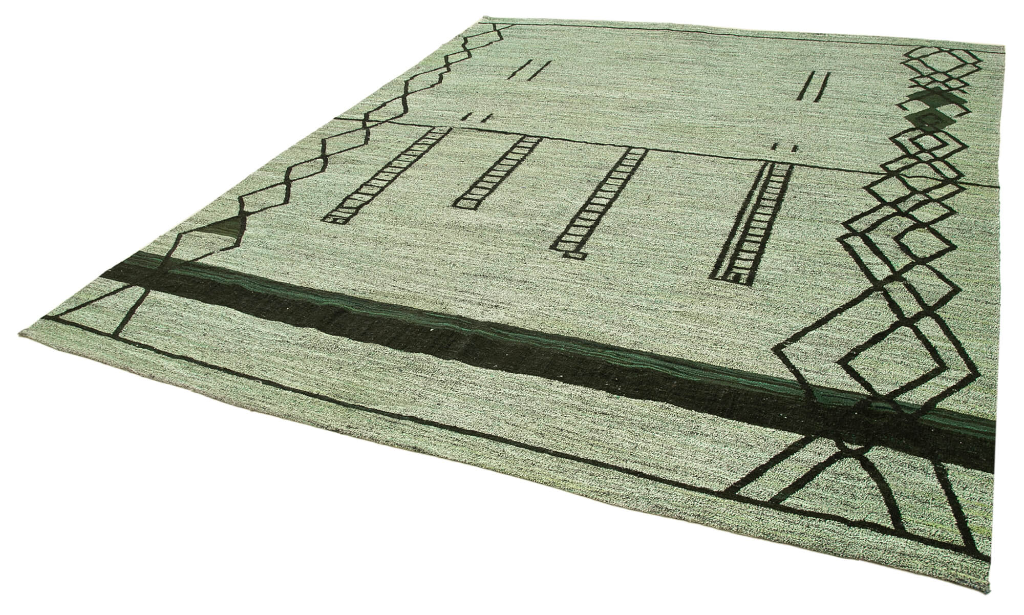 Scrap Yeşil Geometrik Pamuk Yün El Dokuma Halısı 255x330 Agacan